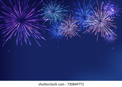 Brightly Colorful Fireworks on twilight background. Vector illustration