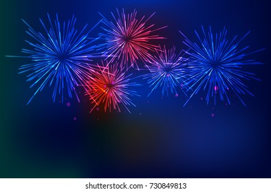 Brightly Colorful Fireworks on twilight background. Vector illustration