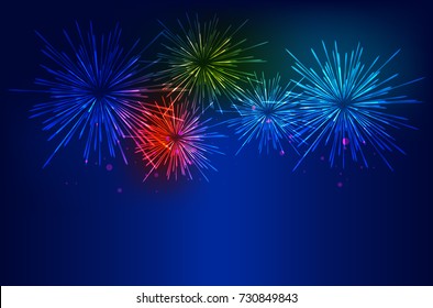 Brightly Colorful Fireworks on twilight background. Vector illustration