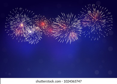 brightly colorful fireworks and pale smoke from fire twilight background 