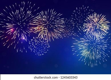 brightly colorful fireworks with pale smoke from fire on twilight background