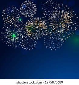 brightly colorful fireworks with pale smoke from fire on twilight background