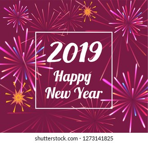 Brightly colorful Fireworks and rockets on purple background with text block. Good for banners, flyers, greetings card.