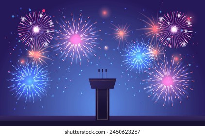 brightly colorful fireworks and stage stand or debate podium rostrum with microphones USA presidential election concept
