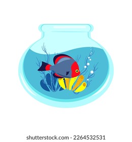 Brightly colorful fish in an aquarium with corals and algae, vector illustration of an aquarium in a flat style. Print for clothes.
