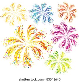 Brightly colorful vector fireworks isolated on white background