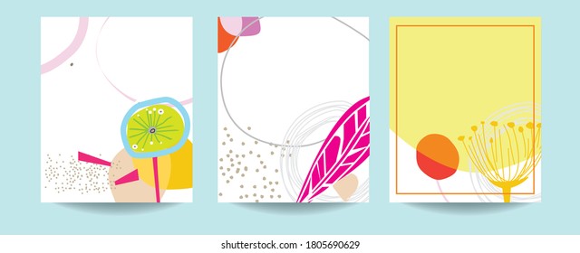Brightly coloured  abstract floral based scandinavian art  templates with floral and geometric elements. 