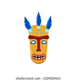 Brightly coloured african mask with screaming wide opened mouth on white