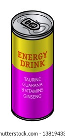 A brightly coloured can of energy drink with caffeine, guarana, taurine, b vitamins and ginseng.