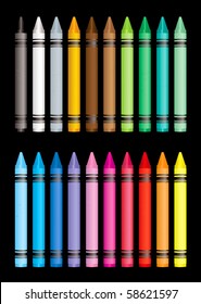 Brightly coloured crayon collection with black background