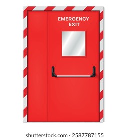 Brightly coloured emergency exit door with red and white warning stripes. Includes a glass window for visibility and a handle for quick and easy access in emergency situations.