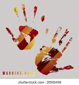 Brightly coloured hand print design with warning stripes