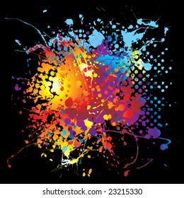 Brightly coloured ink splat design with a black background