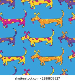 Brightly coloured sausage dog pattern vector, seamless, bright.