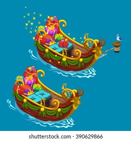 Brightly decorated boat with gift boxes moored to the shore. Water transport. Vector illustration.