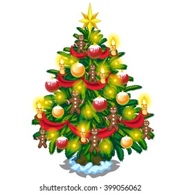 Brightly decorated Christmas tree. Vector illustration.
