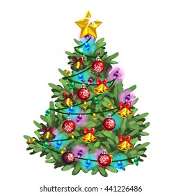 Brightly decorated Christmas tree. Vector illustration.