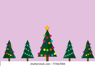 Brightly decorated Christmas trees on a pink background