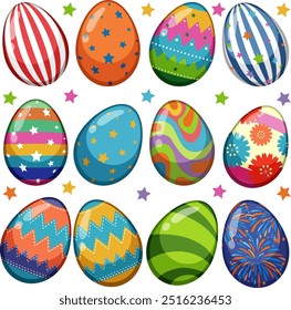 Brightly decorated eggs with various patterns