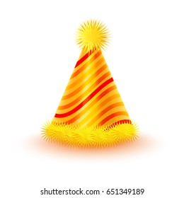 Brightly decorated with fluffy pompons and striped pattern party hat. Yellow paper conical cap for festive costumes isolated vector illustration. Birthday or New Year party dressing accessory icon