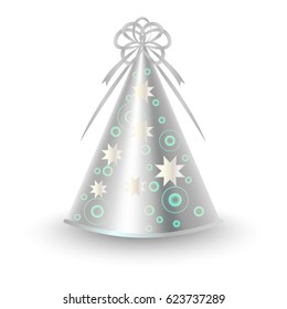 Brightly decorated with grey ribbon and starry pattern party hat. Shiny silver paper conical cap for festive costumes isolated vector illustration. Birthday or New Year party dressing accessory icon