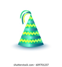 Brightly decorated with ribbons and zigzag pattern party hat. Striped green paper conical cap for festive costumes isolated vector illustration. Birthday or New Year party dressing icon accessory