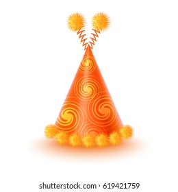 Brightly decorated with spirals and fluffy pompons on antennas party hat. Yellow conical paper cap for festive costumes isolated vector illustration. Birthday or New Year party dressing accessory icon