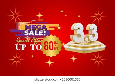 Brightly designed banner highlighting a promotional 3.3 sale offering discounts up to 80%. Features bold typography, festive decorations, and a vibrant red background emphasizing excitement and urgenc