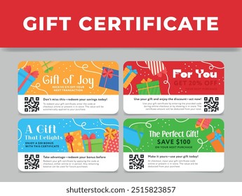 Los certificados de regalo brillantemente diseñados promueven varios descuentos y ofertas atractivas, alentando a los destinatarios a canjear los ahorros. Ideal para vacaciones y celebraciones.