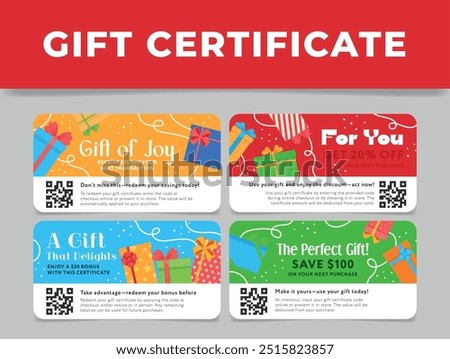 Brightly designed gift certificates promote various discounts and enticing offers, encouraging recipients to redeem savings. Great for holidays and celebrations.