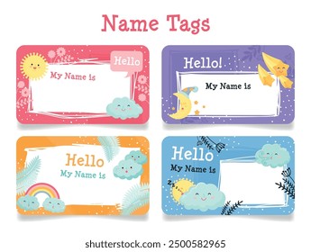 Brightly designed name tags feature playful clouds, a sun, and other whimsical elements, perfect for an engaging community gathering