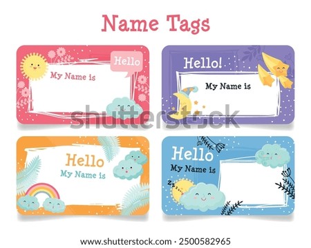 Brightly designed name tags feature playful clouds, a sun, and other whimsical elements, perfect for an engaging community gathering