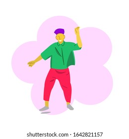 a brightly dressed young man character dancing.vector illustration