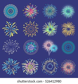 Brightly festive isolated firework bursts in ball form on dark blue background flat vector illustration 