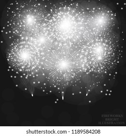 Brightly Fireworks. Holiday fireworks background. Illustration of Fireworks in black and white colors. Vector illustration.