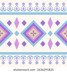 Brightly Florals Colorful Geometric Border Pattern with Purple Blue Pink Green on White Background. Traditional Gemstones Color Twist Modern Style for Decoration as Wallpaper Embroidery Silk Bedding