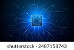 Brightly glowing AI chip on light circuit board on technology blue background. CPU processor or semiconductor on tech bg. Computer microchip on motherboard. Abstract digital vector illustration.