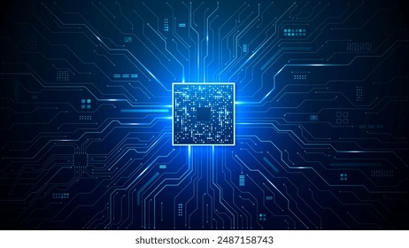 Brightly glowing AI chip on light circuit board on technology blue background. CPU processor or semiconductor on tech bg. Computer microchip on motherboard. Abstract digital vector illustration.