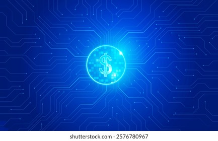 Brightly glowing AI chip on light circuit board on technology blue technology of us dollar symbol Hitech communication concept of private key digital world, vector design. 