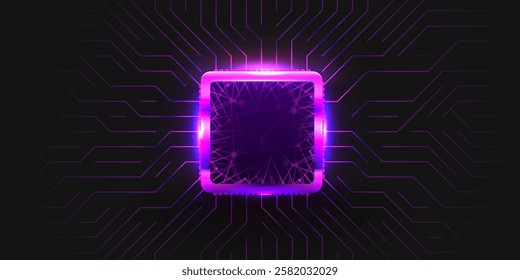 Brightly glowing AI chip on circuit board. Technology background. CPU processor on tech bg. Computer microchip on motherboard. Vector illustration