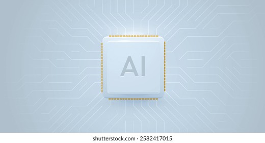 Brightly glowing AI chip on circuit board. Technology background. CPU processor on tech bg. Computer microchip on motherboard. Vector illustration