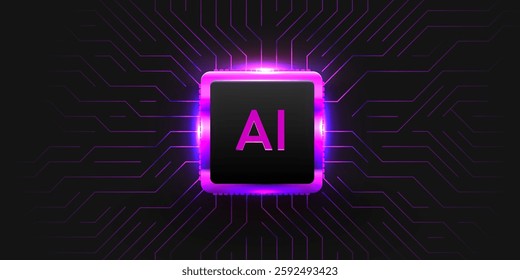Brightly glowing AI chip on circuit board. Technology background. CPU processor on tech bg. Computer microchip on motherboard. Vector illustration
