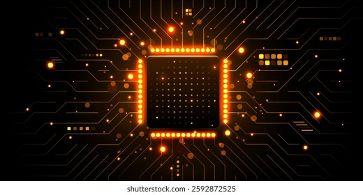 Brightly glowing AI chip on circuit board. Technology background. CPU processor on tech bg. Computer microchip on motherboard. Vector illustration