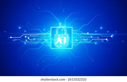 Brightly glowing AI chip on light circuit board on technology blue technology of symbol Hitech communication concept of private key digital world, vector design. 