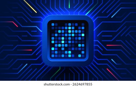 Brightly glowing AI chip on circuit board. Technology background. CPU processor on tech bg. Computer microchip on motherboard. Vector illustration