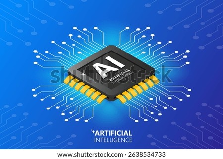 Brightly glowing AI chip on light circuit board on technology blue background. CPU processor or semiconductor on tech bg. Computer microchip on motherboard. Abstract digital vector