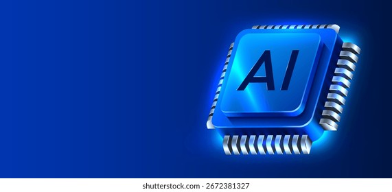 Brightly glowing AI computer chip. Technology concept. CPU processor. Computer microchip. Vector illustration
