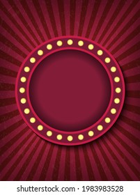 Brightly glowing circle retro cinema neon sign. Circus style show vertical banner template. Background vector poster