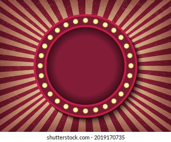 Brightly glowing circle retro cinema neon sign. Circus style show horizontal banner template. Background vector poster