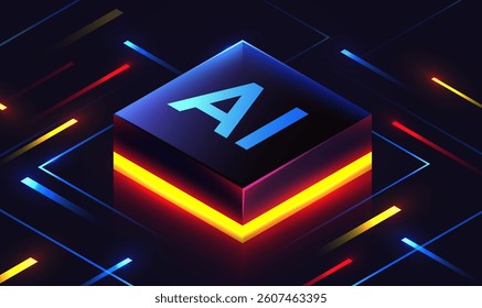 Brightly glowing glass AI chip on circuit board. Technology background. CPU processor on tech bg. Computer microchip on motherboard. Vector illustration